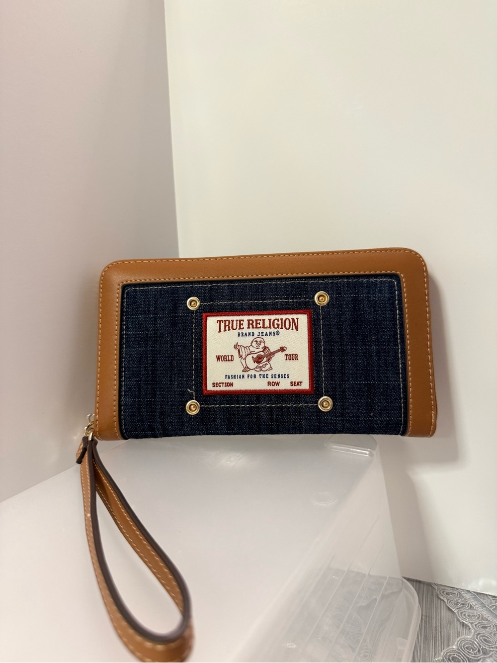 True Religion Brown Leather & Blue Denim Wristlet Wallet